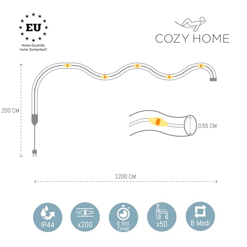 CozyHome Lichterschlauch aussen 200 LED - 8 Modi & Timer - 12m mit Stecker Strombetrieben Warmweiß I Lichtschlauch außen Schlauchlichterkette für outdoor 10m Leuchtschlauch Lichterkette Lichtschläuche