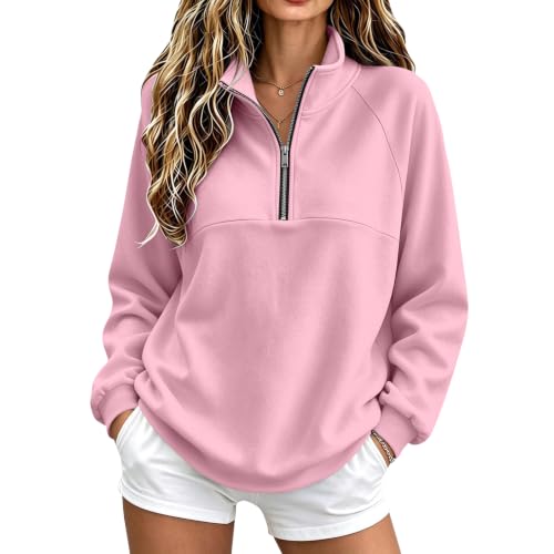 Fleece Quarter Zip Women Sweatshirts Drop Shoulder Mock Neck Fall Pullover - image 1