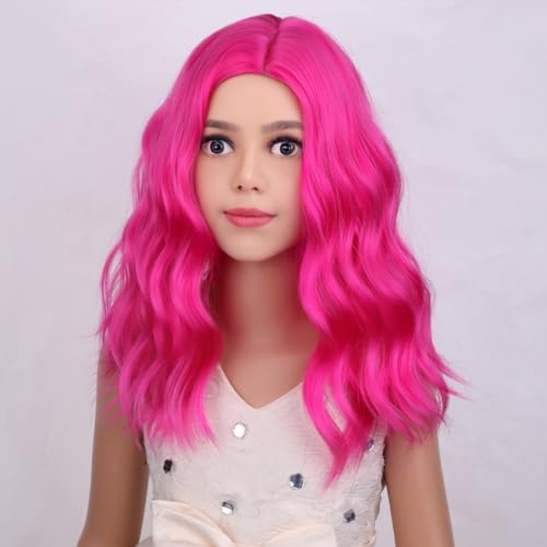 Image of PATTNIUM Kids Child Hot Pink Wig Short Wavy Neon Pink Wig for Girls Magenta Wigs Heat Resistant Synthetic Wigs