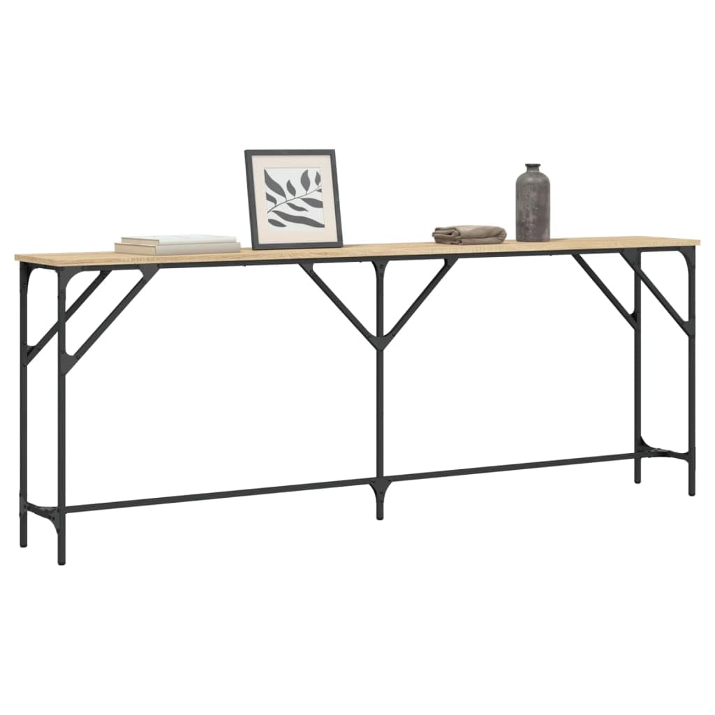 Stolik konsolowy dąb Sonoma 200 x 29 x 75 cm, materiał drewnopochodny z metalową ramą i regulowanymi nogami, do przedpokoju lub salonu, trwały i stabilny z wytrzymałym blatem stołu.
