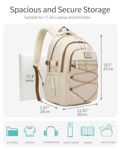 Image of Teen Girls Backpack School Bag, 17.3in Laptop Backpack for Women Work Commuter, Aesthetic College Bookbag for Students, Beige