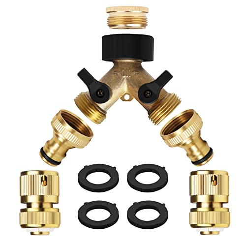 Mdlufee 6 Pcs 2 Way Garden Hose Splitter Kit for Washing Machine and Plumbing Fittings,1/2" and 3/4" Brass Manifold,2 Hose 1/2" End Quick Connect,2 Hose Tap Connector
