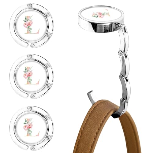 XSUIOY 3Pcs Personalized Initial Foldable Purse Hook for Table,Crushed Flower Letters Folding Purse Hanger,Purse Holder Handbag Hanger Collection Desk Table Bag Hooks Gifts for Women Bag(Pink-L)