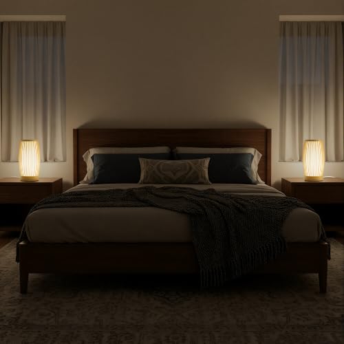 Image of Set of 2 Small Table Lamps, 11 inch Japandi Bamboo Bedside Lamps with Beige Linen Shades, Boho Nightstand Lamps for Bedroom, Living Room, Dorm Room, Natural