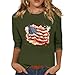 Womens 3/4 Sleeve Blouse Patriotic Flag Printed Round Neck Tops 250th Anniversary USA Casual Shirts