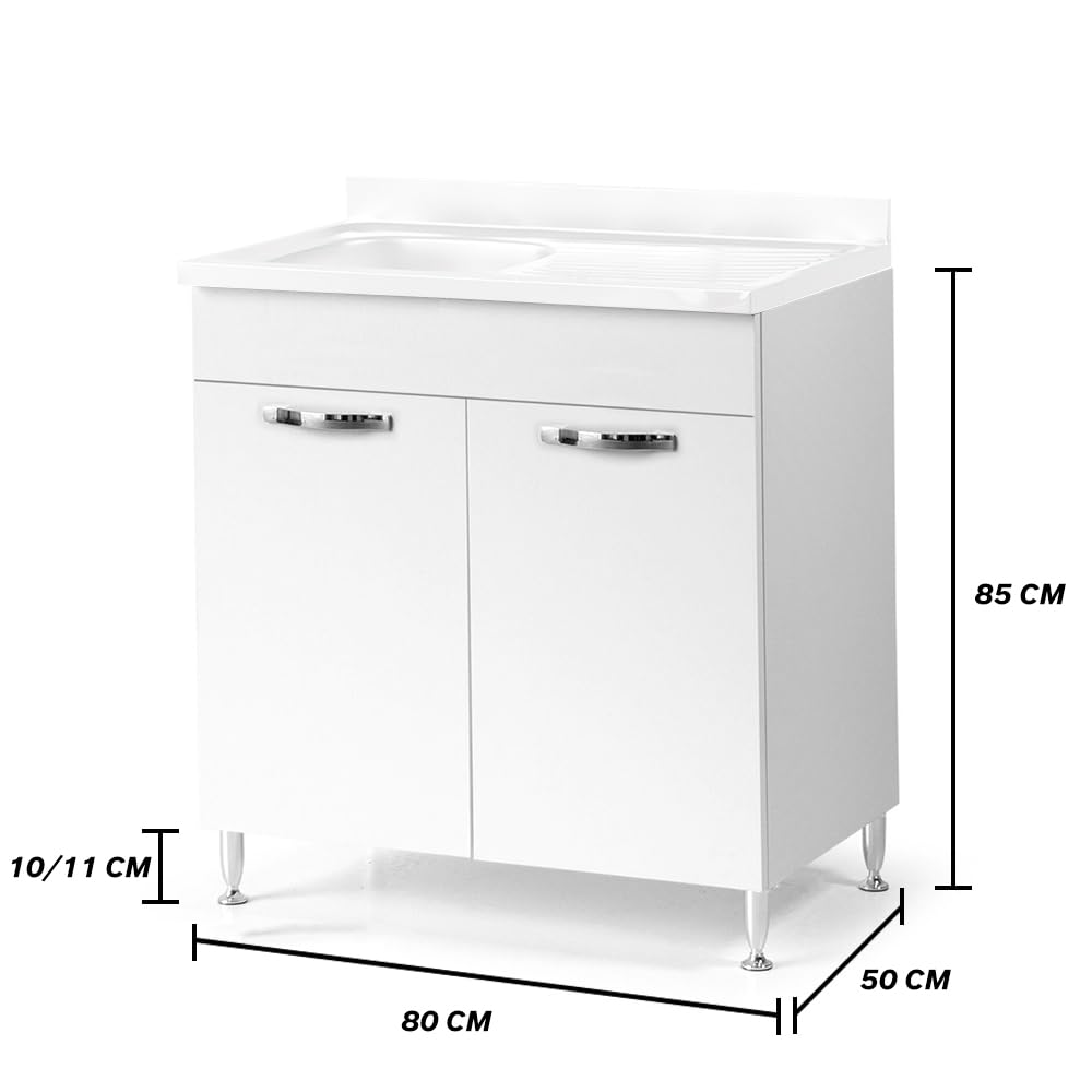 REDÒKASA Sottolavello per cucina componibile da 80 cm con due ante, realizzata in legno 100% MADE IN ITALY (Con Lavello Vasca a Destra, Bianco Frassino)