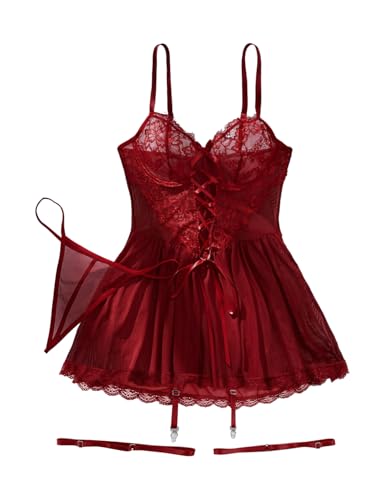 Image of Lilosy Sexy Garter Belt Mesh Lace Babydoll Lingerie Dress Set with Thong