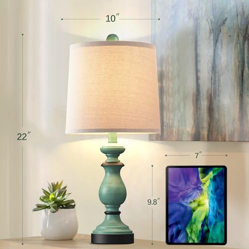 Image of PARTPHONER Traditional Table Lamp Set of 2, Rustic Farmhouse Table Lamps for Living Room Bedroom, 22 inch Bedside Desk Lamps Vintage Nightstand Lamps with Linen Shades, Green