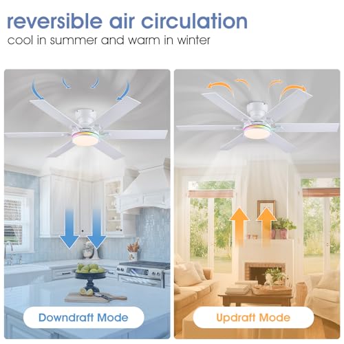 Image of 52 inch RGB Ceiling Fans with Lights and Remote,White Low Profile Ceiling Fans with Quiet Reversible DC Motor, Modern Flush Mount Fans Light for Kids Room Bedroom