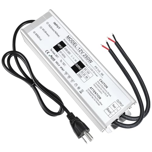 Image of LightingWill LED Driver 250 Watts Waterproof IP67 Power Supply Transformer, 90-265V AC to 12V DC Low Voltage Output, Adapter with 3-Prong Plug 3.3 Feet Cable for Outdoor Use, Computer Project