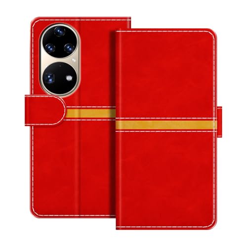 ESACMOT ���U�[�E�H���b�g�P�[�X Huawei P50 Pro Snapdragon 888 �Ƃ̌݊������� ���X�g���C�v�f�U�C�� �J�[�h���[�t�� �}�O�l�b�g���蒠�^�J�o�[ (���b�h)