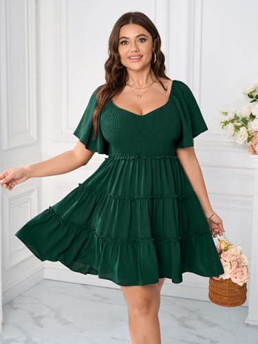 Image of SHESTARR Womens Plus Size Casual Mini Dress Sweetheart Neckline Short Flutter Sleeve Smocked A Line Tiered Ruffle Dresses