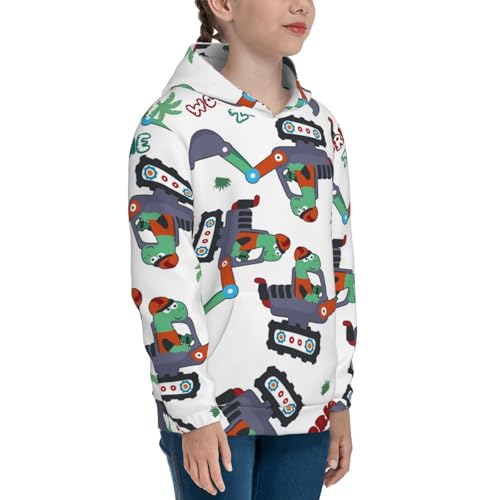 Dinosaur on Excavator2 Kids Pullover Hoodies Boys Sweatshirts Girls Athletic Clothes with Pocket3