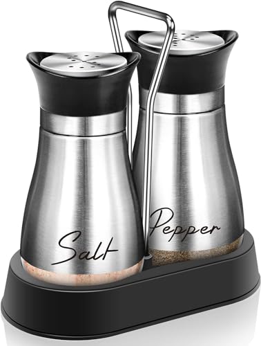 FunBlast Salt and Pepper Shakers Set -Refillable Stainless Steel Salt Shaker with Glass Bottom, Kitchen Accessories Salt Containers with Glass Bottle for Table, RV, Camp, BBQ (Set of 2)