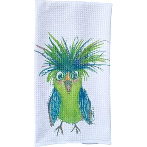 Whimsical Bird Kitchen Dish Towel, Decorative Waffle Weave Design, Green and Blue