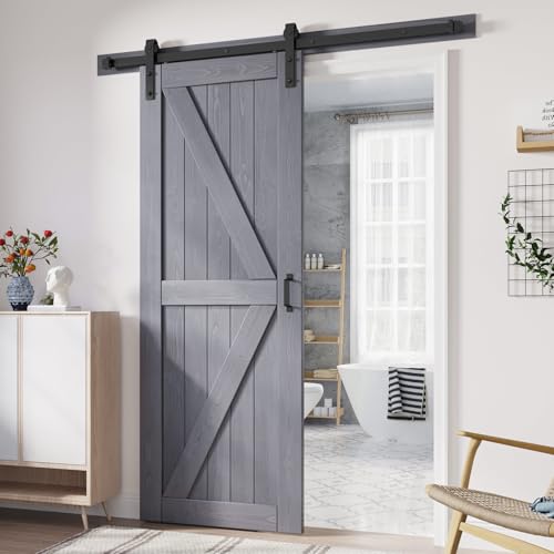 Image of FREDBECK 28in x 80in Grey Barn Door, Solid Wood,Double Surface,K-Frame,Gray