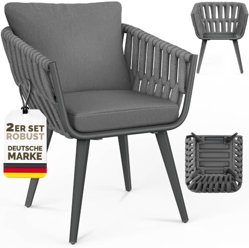 tillvex® Gartenstuhl 2er Set Wetterfest mit Armlehne & Kissen bis 160kg | Gartenstühle UV-beständig | Terrassenstuhl + Sitz- & Rückenpolster | Outdoor Stühle Sessel Gartenmöbel Ter
