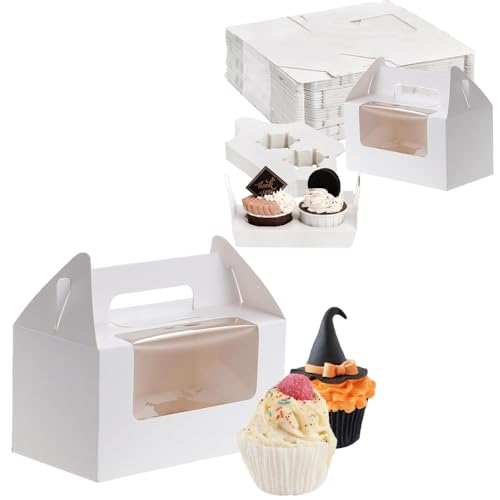 16 Packs Cupcake Boxes, Multifunction Inserts Cake Box with Clear Window and Handle, Cake Holders Bakery Carrier Boxes, Rectangle and Displaying for Muffins, Cupcakes & Cookies(White, 2 hole)