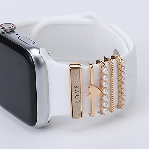5 Pieces/set Metal Decorative Ring Loops for Apple Watch Series 7 / 6 /5/4/3/2/1 Band Silicone Strap , Tomcrazy Diamond Ornament Watchband Accessories for iwatch 45mm 41mm 44mm 40mm 42mm 38mm Bracelet (#4)