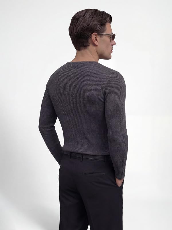 Image of FUGAZEE 100% Cotton Charcoal Muscle Fit Ribbed Henley Longsleeve T-Shirt