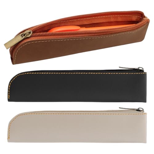 YOFDAL 3 Piezas Estuche Boligrafos, Funda de Cuero Genuino Slim para 4-6 Bolígrafos,Bolsillo Portátil para Papelería y Cosméticos,Organizador de Maquillaje Mínimo con Cremallera