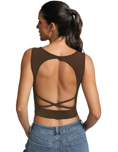 Fihapyli ICTIVE Women's Sleeveless Backless Tank Top Criss Cross Back Slim Fit Workout Yoga Crop Casual Shirts Coffee S