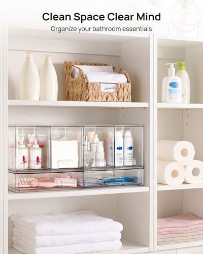 Image of Vtopmart Stackable Storage Drawers Set of 3, Clear Plastic Organizer Bins for Bathroom Supplies, Ideal for Cabinet,Shelf, Pantry, Laundry Room Organization