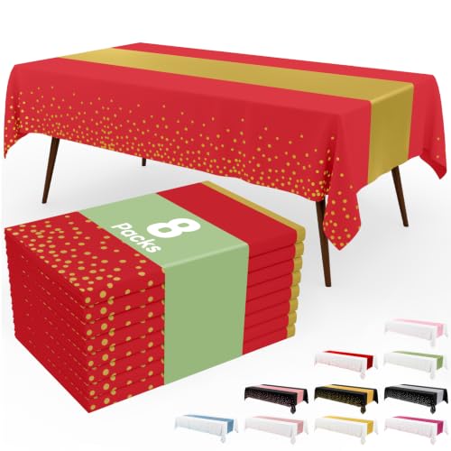 Image of Smiry Plastic Table Cloth Disposable 8 Pack, 54 x 108 Inch Rectangle Waterproof Tablecloth, Printed Gold Table Runner Style for Birthday Weeding, Party Decorations, Leakproof & Sturdy, Gold and Red