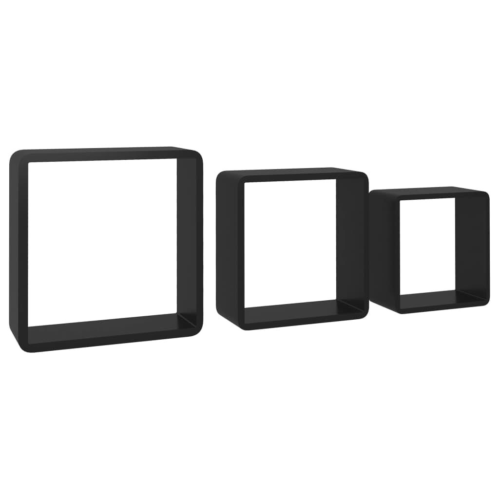 Scaffalature, mensole da parete e sporgenze, mensole cubiche da parete, 3 pezzi, in MDF nero