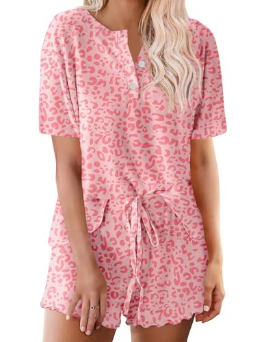 Image of Ekouaer Pajamas Set for Women Short Sleeve Lounge Set 2 Piece Loungewear PJs Soft Cute Lightweight Sleepwear