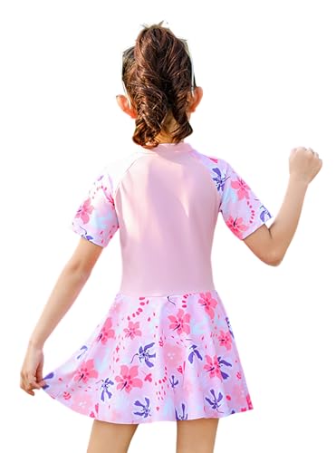 Image of Girls Swimsuit Girls One Piece Skirted Swimsuit Short Sleeve Floral Rash Guard Bathing Suit Swim Dress Swimwear