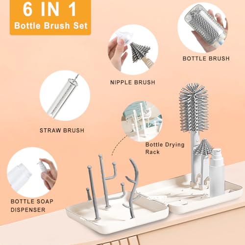 Image of Tony Stark 6-in-1 Baby Bottle Cleaning Brush Set - Includes Silicone Bottle Brush, Nipple Cleaner, Straw Brush, Soap Dispenser, Storage Box, Bottle Drying Rack | Silicone Bristles (Plain Box - White)