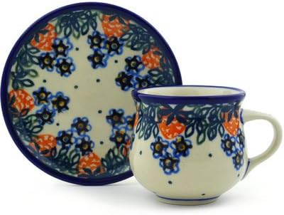 Polmedia Polish Pottery Espresso Cup with Saucer - Strawberry Fever Pattern Handmade in Boleslawiec Poland by Ceramika Artystyczna + Certificate of Authenticity