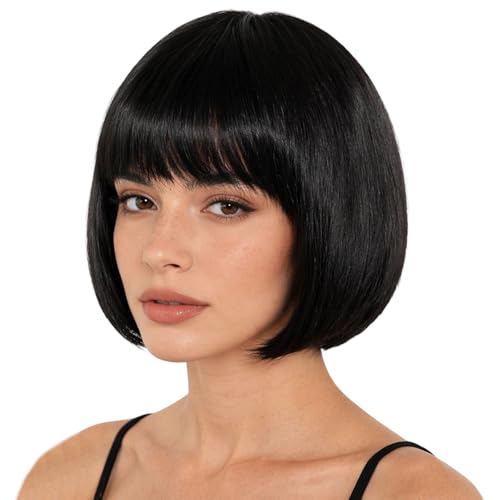 Black Wig for Women Short Black Wig Straight with Flat Bangs Wig Shoulder Length Hair Black Wigs for Women Daily or Party Use Wigs Natural Look