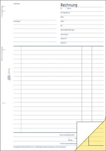 AVERY Zweckform 1734 Rechnung (A4, 2x40 Blatt, selbstdurchschreibend mit farbigem Durchschlag, mit Netto- und Bruttobetrag, MwSt. uvm., zur Erfassung aller rechtlich erforderlichen Angaben) weiß/gelb