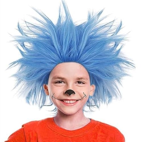 ANOGOL Hair Cap+ Blue Crazy Wig Unique Spiky and Funny Wigs Funky Fuzzy Wigs Pelucas Para Payasos Short Blue Wig for Anime Cosplay Halloween Costume Party Christmas Outfit