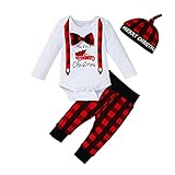 My First Christmas Newborn Baby Boy Clothes Infant Long Sleeve Romper Christmas Plaid Pants Hat 3pcs Xmas Outfits (White, 0-3 Months)
