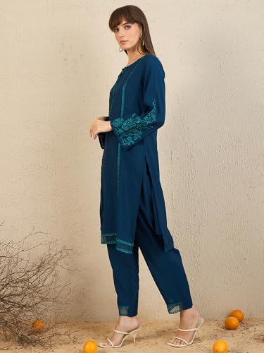 Image of INDO ERA Women's Red Embroidered Silk Blend Straight Co-Ord Set (IESTR6841)