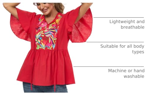 Image of Mexican Shirts Peasant Blouses for Women Cotton Embroidered Blouses Fiesta Summer Bohemian Shirts 3 /4 Sleeves