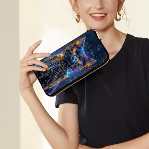 Image of Women's Wallets,Credit Card Holder Money Leather Long Wallet with Wristlet,Large Capacity with Zip-Around Phone Purse for Women Ladies Girls,Luminous Black Cat