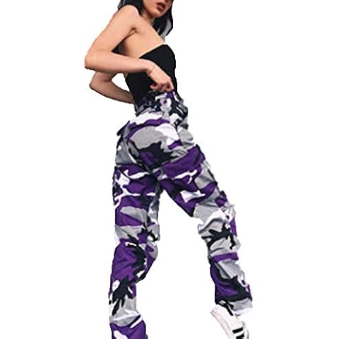 Women's Camo Cargo Pants Sport Yoga Jogging Sweat Pants Camouflage Cargo Workout Joggers Trousers Capri Streetwear (Purple, Tag XL(UK 12-14)) Cover