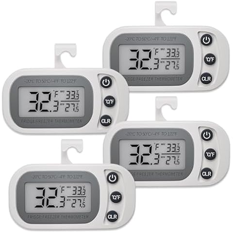 FAHZON Digital Frigerator Thermometer 4 Pack, Thermometer Refrigerator with Large LCD Screen, Stand and Magnetic Back, for Room,Kitchen-White Cover