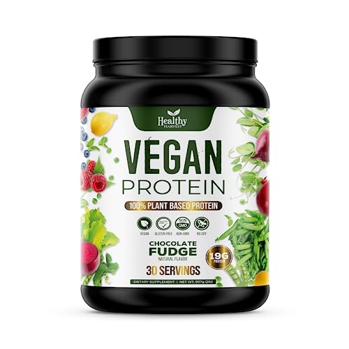 Healthy Harvest Vegan Protein Powder - 100% Plant Based Protein Blend from Pea, Brown Rice & Quinoa - Superfoods & BCAAs - Perfect or Smoothies & Shakes - Natural Chocolate Flavor - 2 LB, 30 Servings