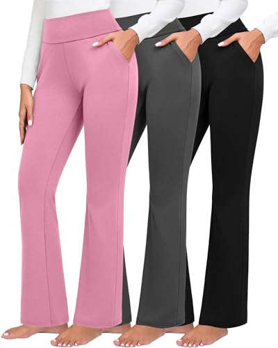 Locoowai Pacote com 3 calças femininas de cintura alta, calças largas para trabalho com bolsos, calç