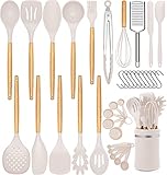 36PCS Silicone Kitchen Utensils Set, AIKWI Cooking Utensils Set with Holder, Heat-Resistant & Non-stick Silicone Spatula for Cooking, Wooden Handle Kitchen Gadgets Cookware(Khaki)