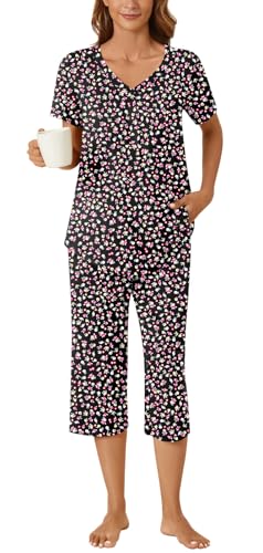 Image of Bestbee Women's Pajama Sets 2 Piece Lounge Outfits Summer Sleepwear V Neck Short Sleeve Capri Pant With Pockets Ladies Pjs