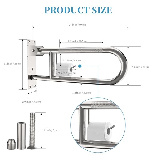 Image of Toilet Grab Bar 22.4 Inch Chrome, Munzong Anti-Slip Handicap Grab Bars with Paper Holder, Flip-Up Bathroom Safety Rails, Stainless Steel Knurled Support handrails for Seniors Elderly Disabled Pregnant