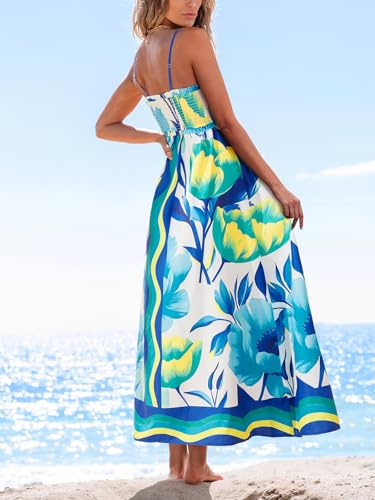 Image of CUPSHE Women's Floral Maxi Dress Spaghetti Strap Summer Boho Beach Dress Smocked Sundress Casual Vacation Flowy Long Dress