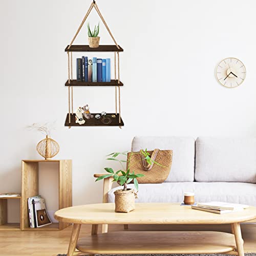Iwaiting Outdoor Hanging Shelves For Wall, 3 Tier Antique Wood Floating Hanging Shelf With Handmade Twine Weaving Process, Suitable For Bedroom Living Room Bathroom Hanging Window Plant Shelves Decor #TOP2