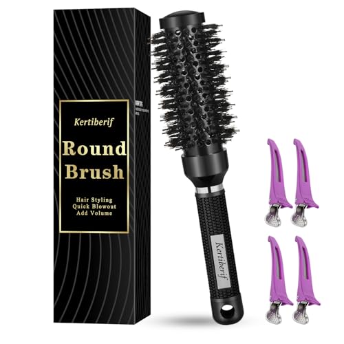 Kertiberif Round Brush for Blow Drying, Boar Bristles Round Hair Brush for Blow Out, Styling, Curling, Adding Volume, with 4 Hair Clips (Black, 61mm, Barrel 32mm)